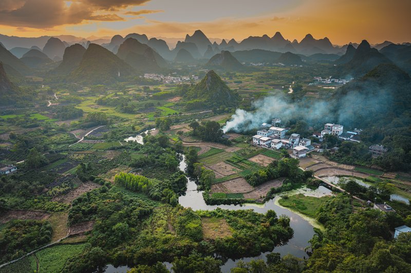 Karst valley village with river from above
