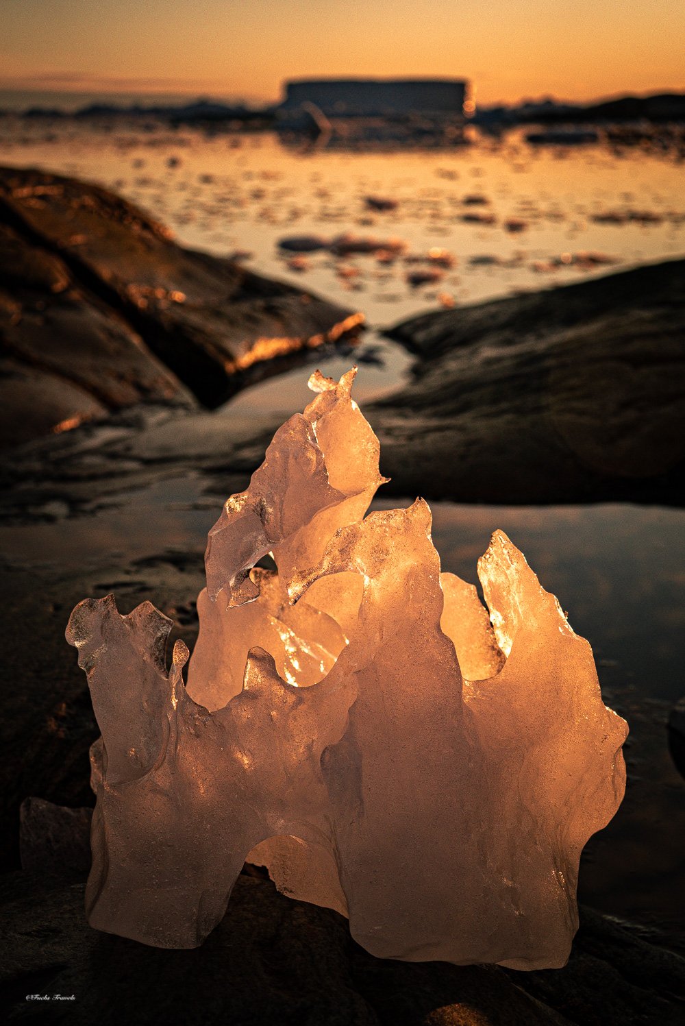 Close-up of an ice formation backlit by golden sunset light with distant icebergs visible in the background