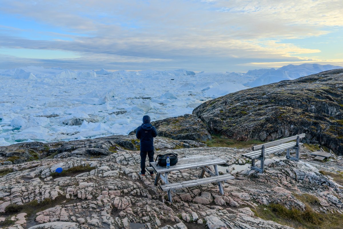 Person standing at the Ilulissat Icefjord viewpoint overlooking a vast field of icebergs stretching to the horizon
