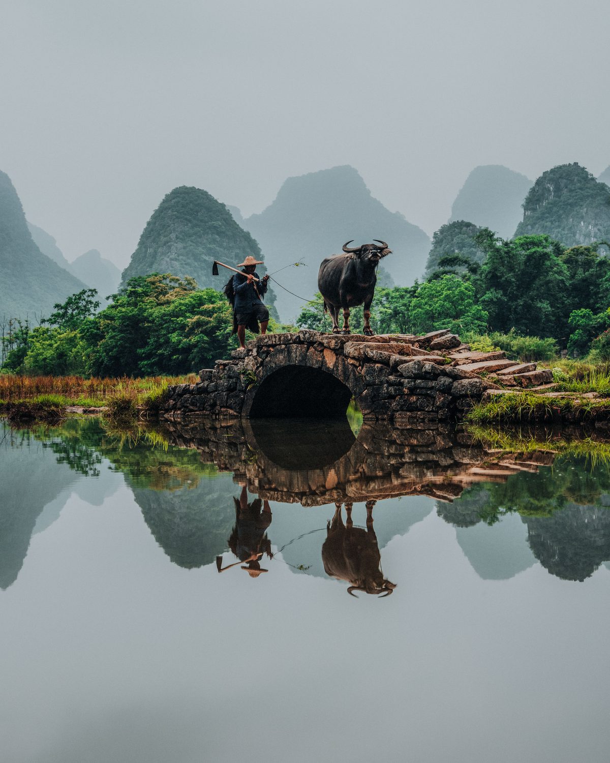 Li River bending through dramatic karst mountain formations in warm afternoon light