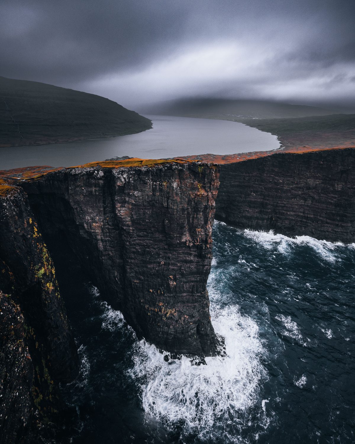 Traelanipa Slave Cliffs viewpoint overlooking Sorvagsvatn lake above the ocean